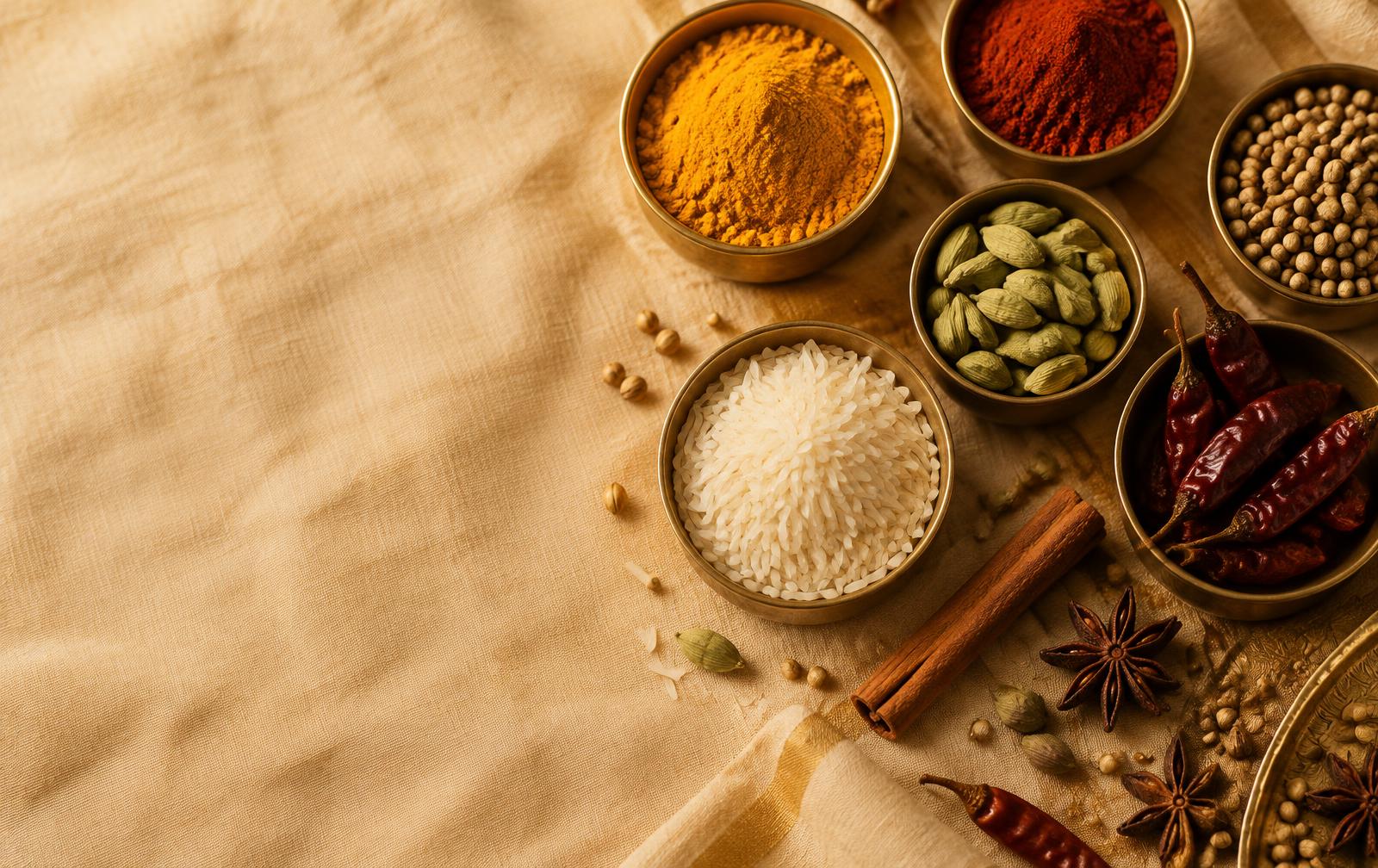 Indian spices and rice in brass bowls